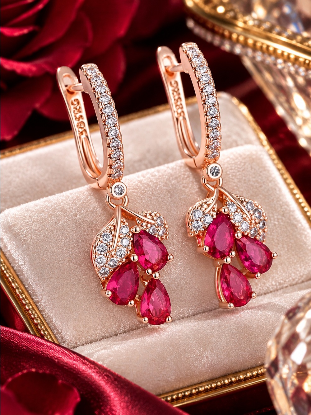 Rose Gold plated Pink Crystal Teardrop Dangle Earrings - Elegant Women Jewelry